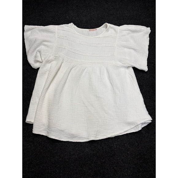 Tops - Ces Femme White Gauze Babydoll Top Short Sleeve Pintuck Pleated Blouse Small